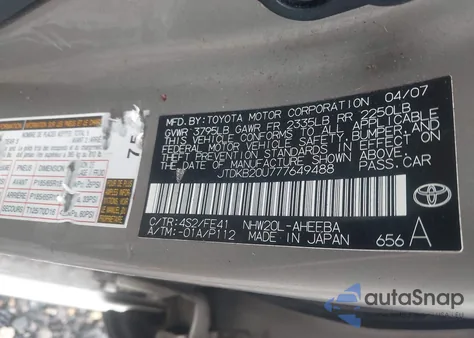 2007 Toyota Prius z USA, uszkodzony, nr VIN JTDKB20U777649488